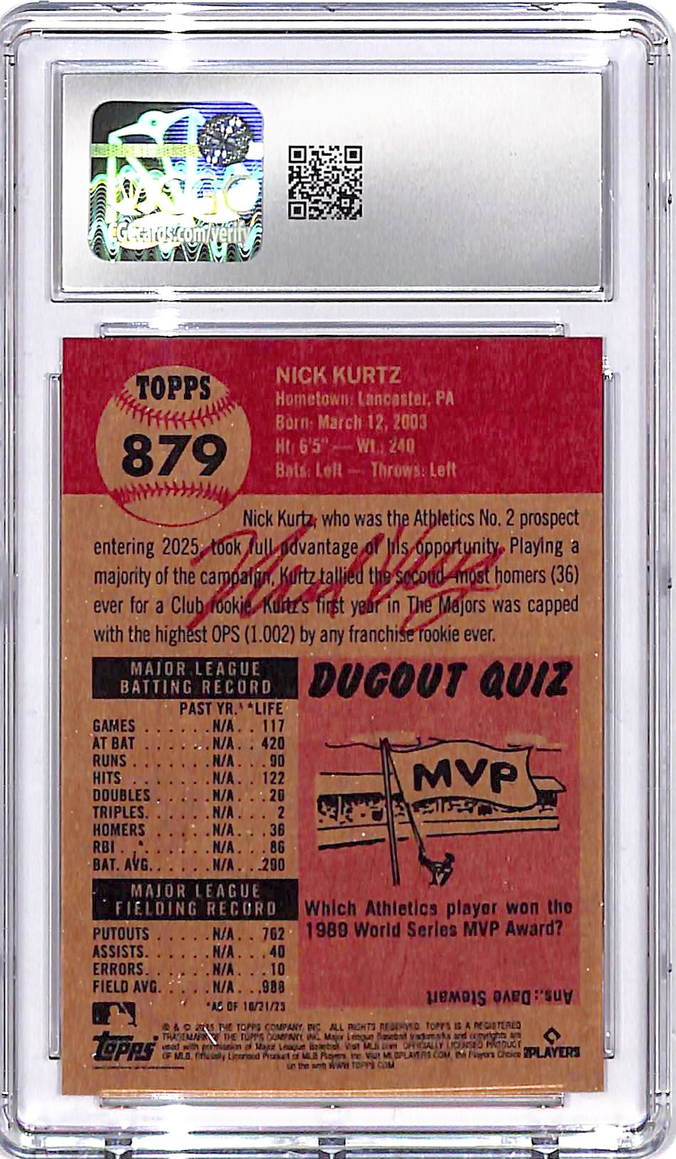 2025 Topps Living Set Nick Kurtz Rookie RC #879 CGC 10 Athletics
