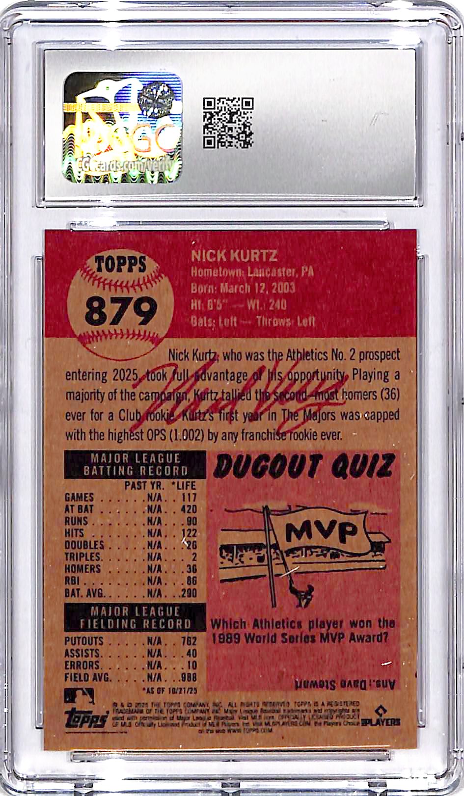 2025 Topps Living Set Nick Kurtz Rookie RC #879 CGC 10 Athletics