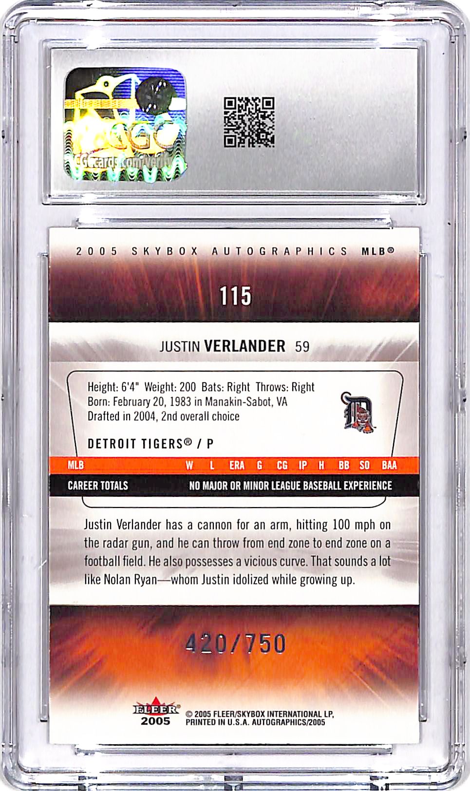 2005 Skybox Autographics Justin Verlander Rookie RC /750 CGC 9.5 Tigers