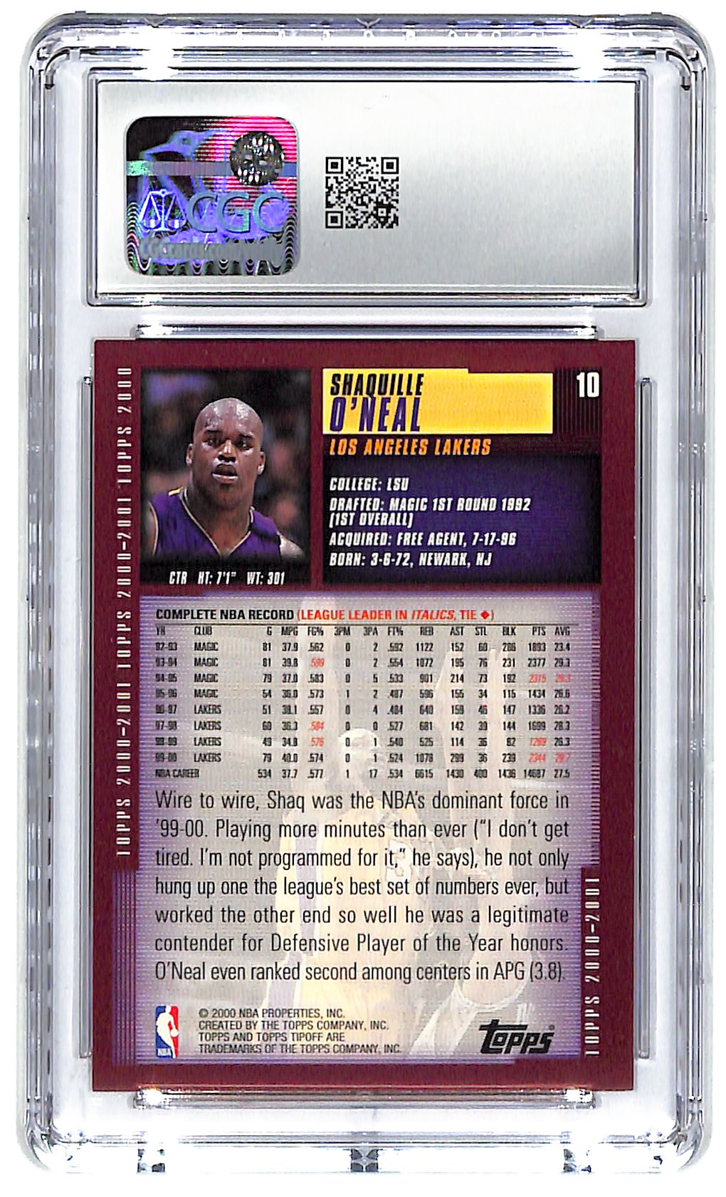 2000-01 Shaquille O'Neal Topps Tipoff #10 CGC Mint 9