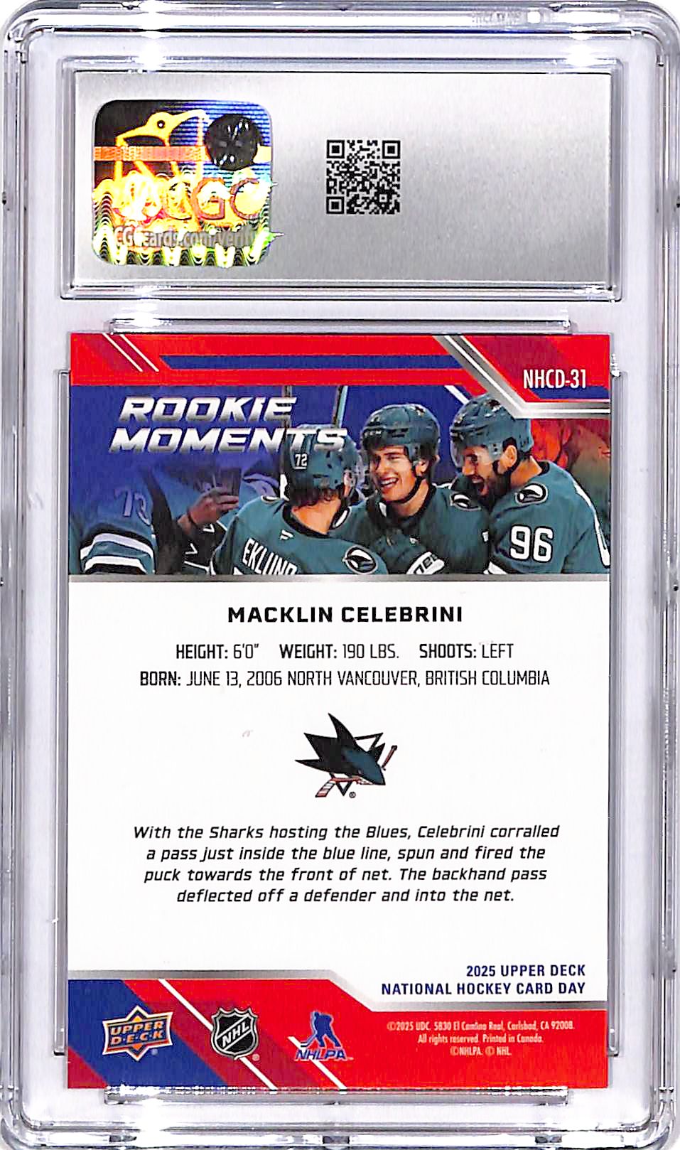 2025 Upper Deck National hockey Card Day Macklin Celebrini Rookie Moments CGC 9.5