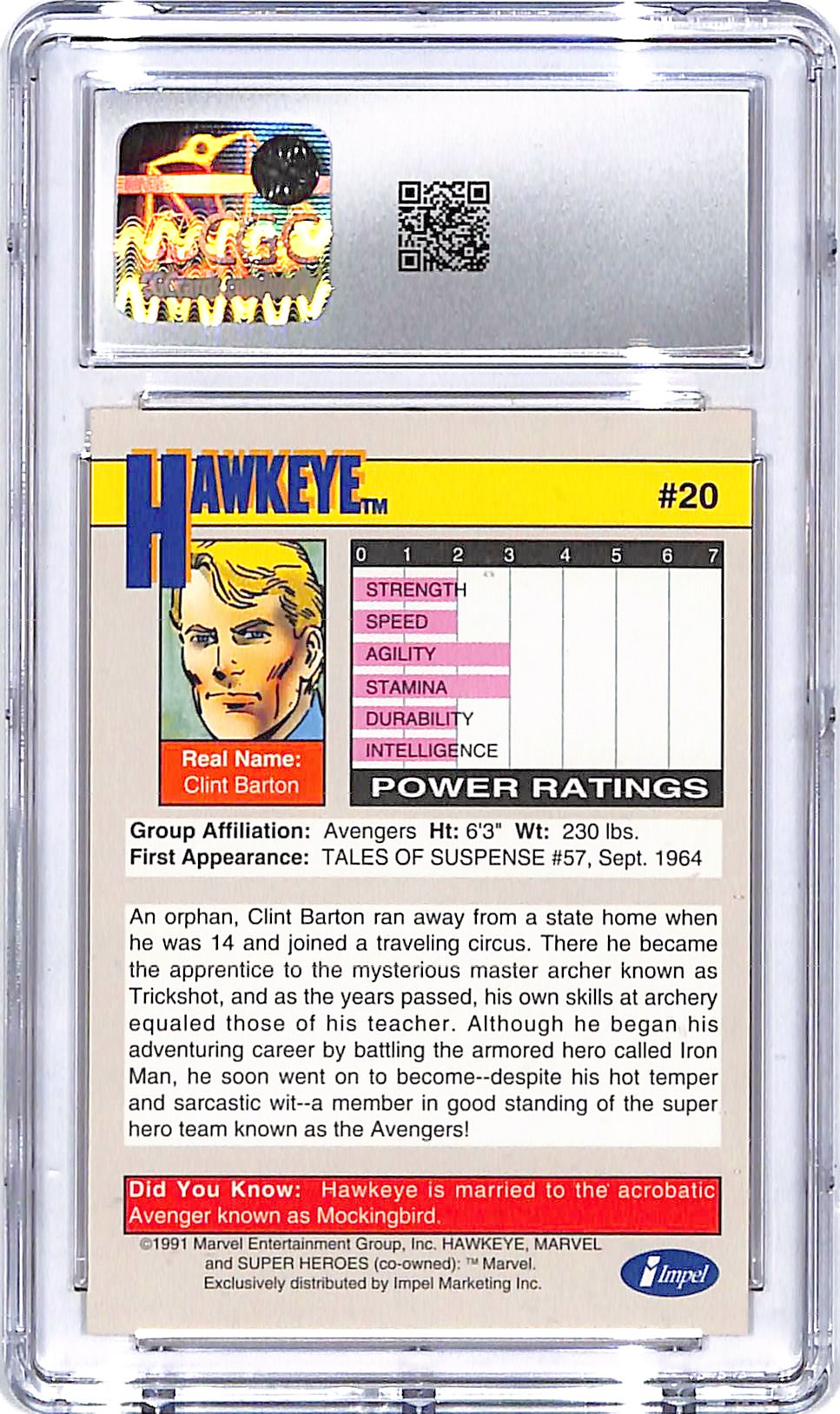1991 Impel Marvel Universe Series Hawkeye #20 CGC 9.5