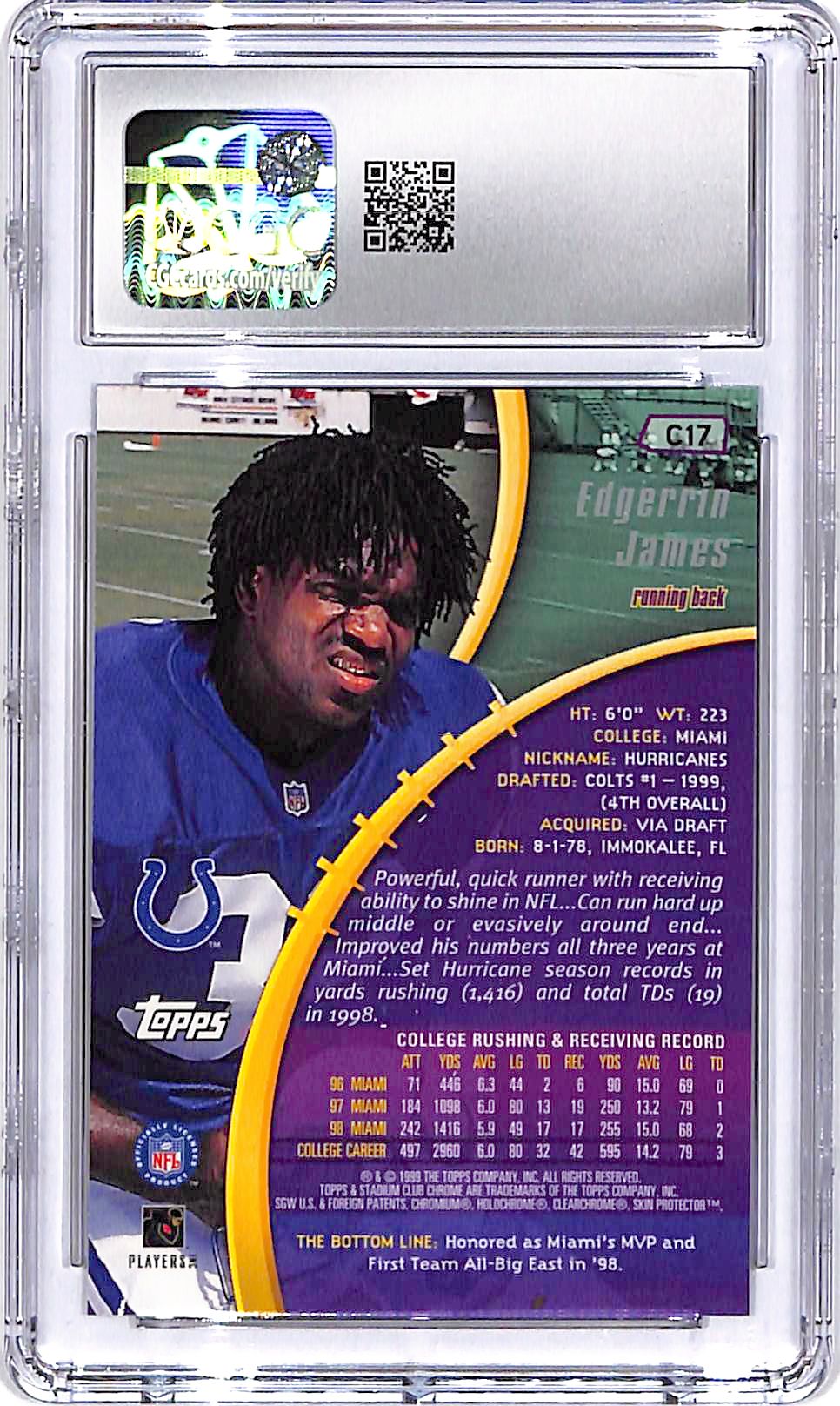 1999 Stadium Club Edgerrin James Chrome Previews CGC 9 Colts