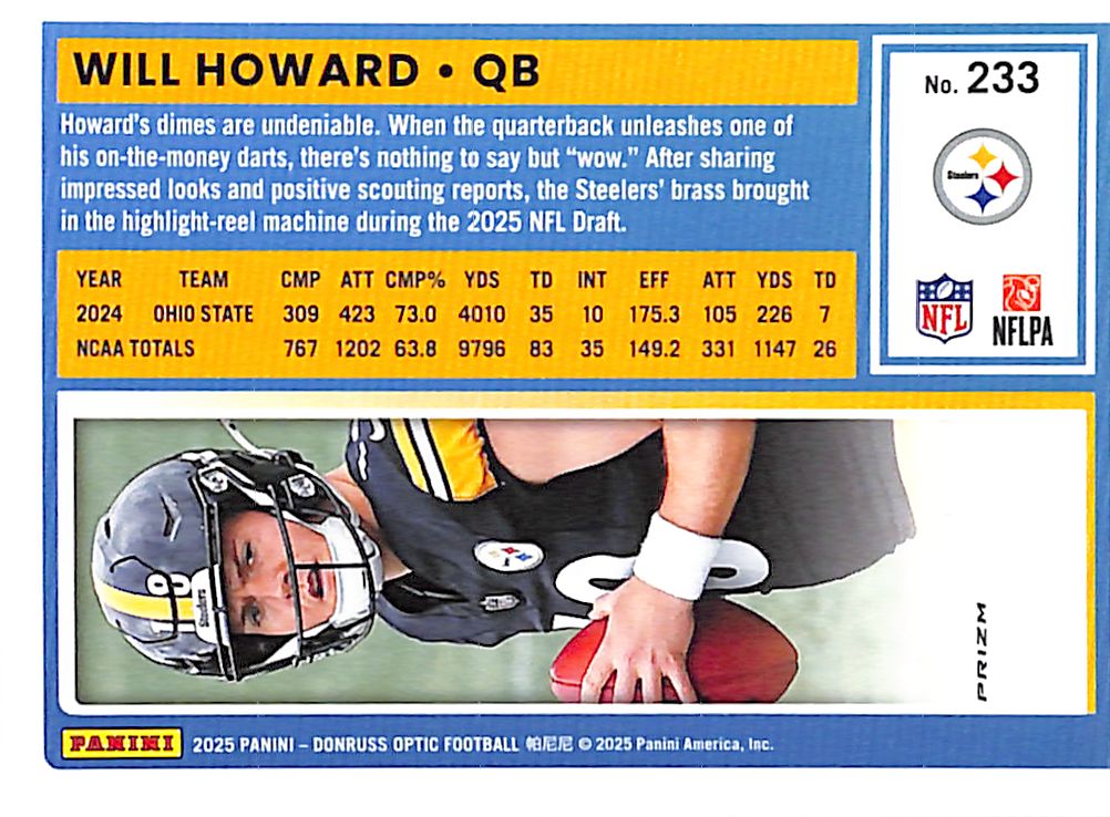 2025 Donruss Optic Will Howard Rated Rookie RC Holo #233 Steelers