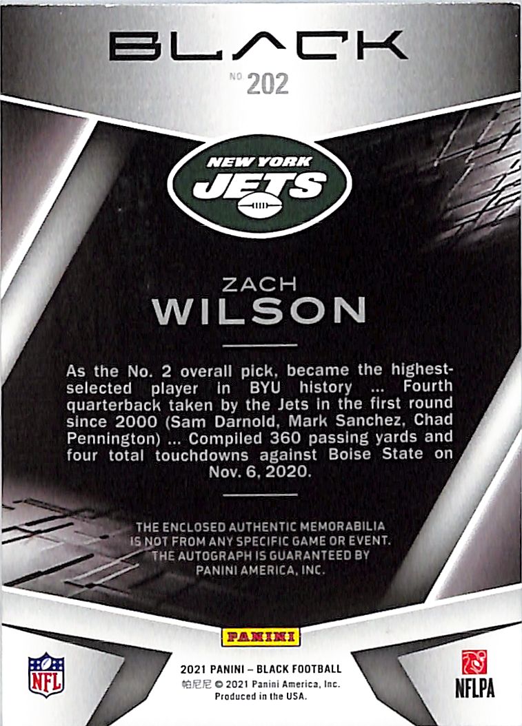 2021 Panini Black Zach Wilson Auto Autograph Rookie RC Patch Jersey /99 Jets
