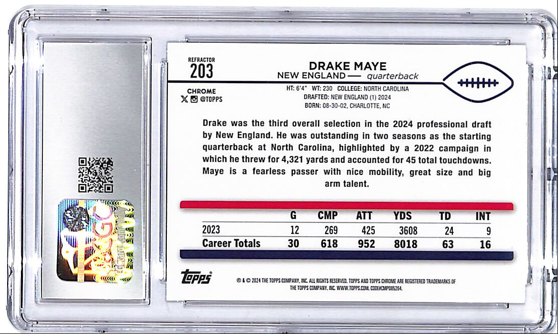 2024 Topps Chrome Drake Maye Rookie RC Refractor #203 CGC 10 Patriots