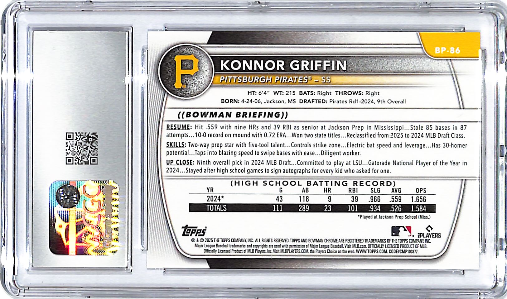 2025 Bowman Konnor Griffin Prospects BP-86 CGC 9.5 Mint Plus Rookie RC