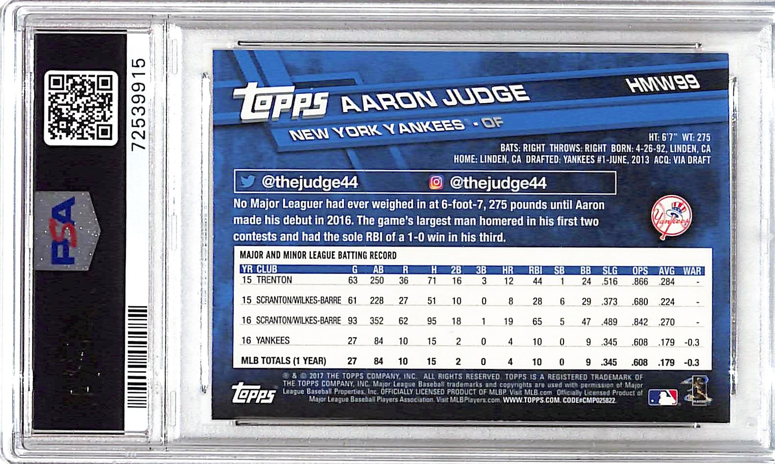 2017 Topps Holiday Aaron Judge Rookie RC #99 PSA 10 Yankees