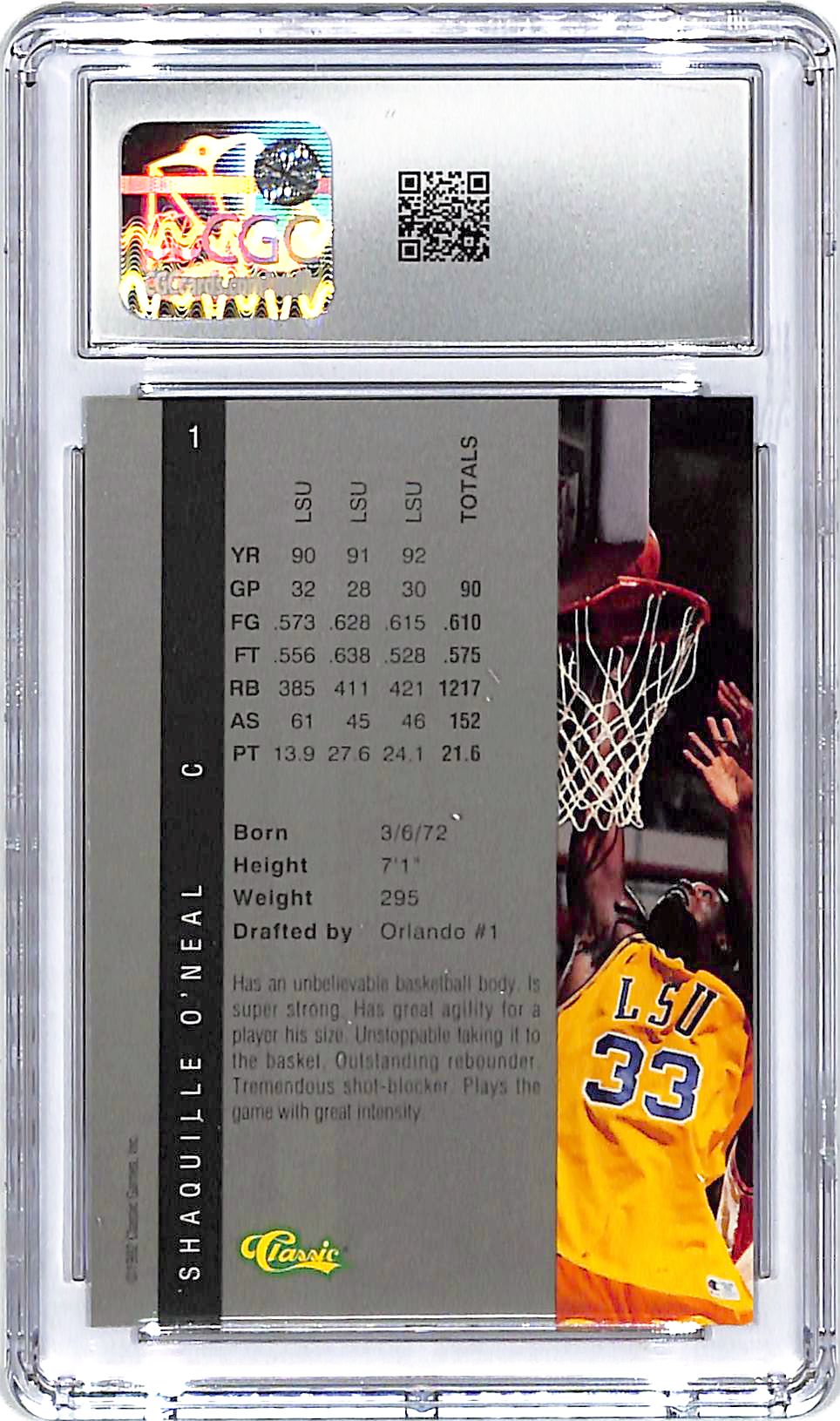 1992-93 Classic Four Sport Shaquille O'Neal Rookie RC #1 CGC 9.5