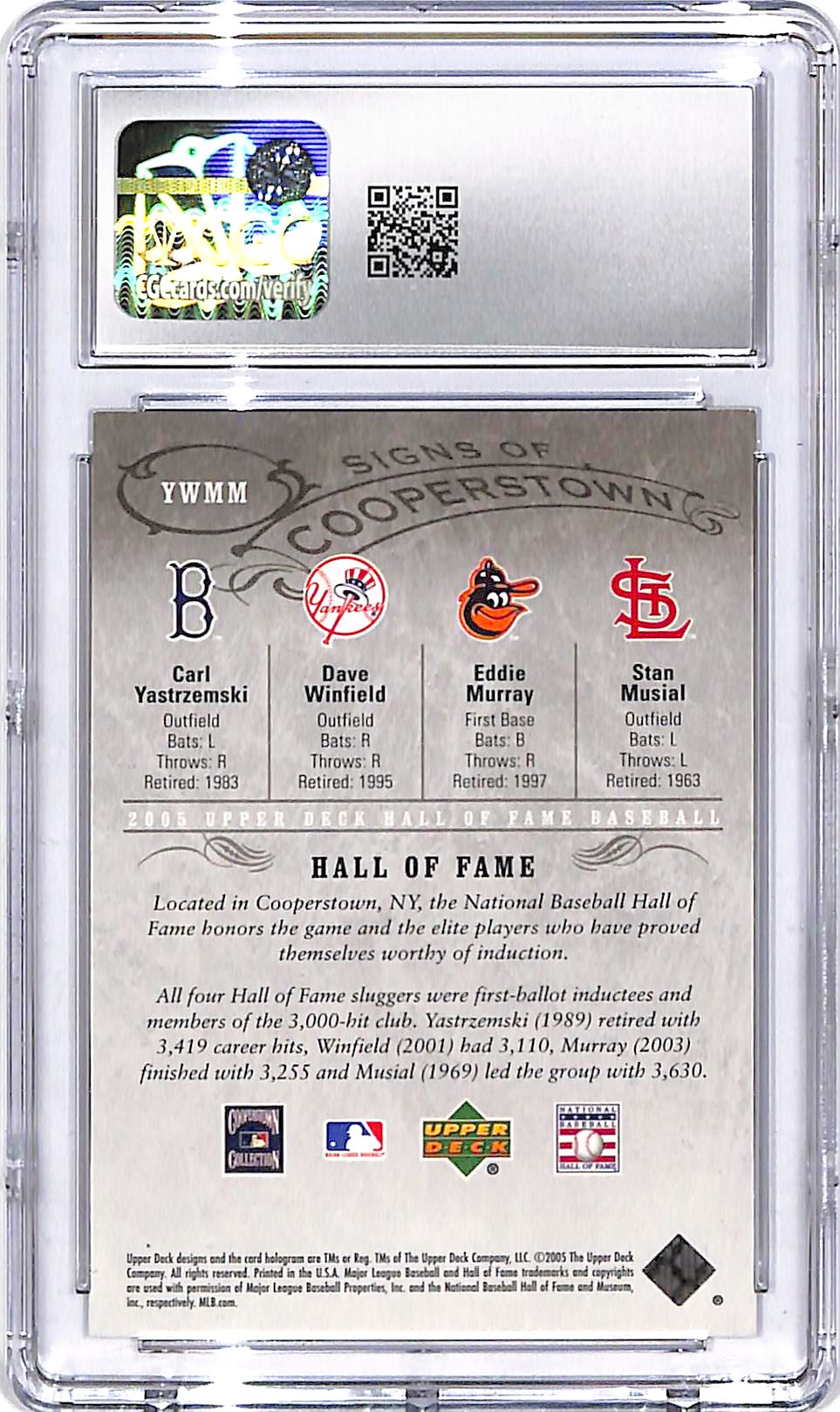 2005 Upper Deck Hall of Famę Yastrzemski Winfield Murray Musiał Signs of Cooperstown Quads Silver /15 CGC 9.5