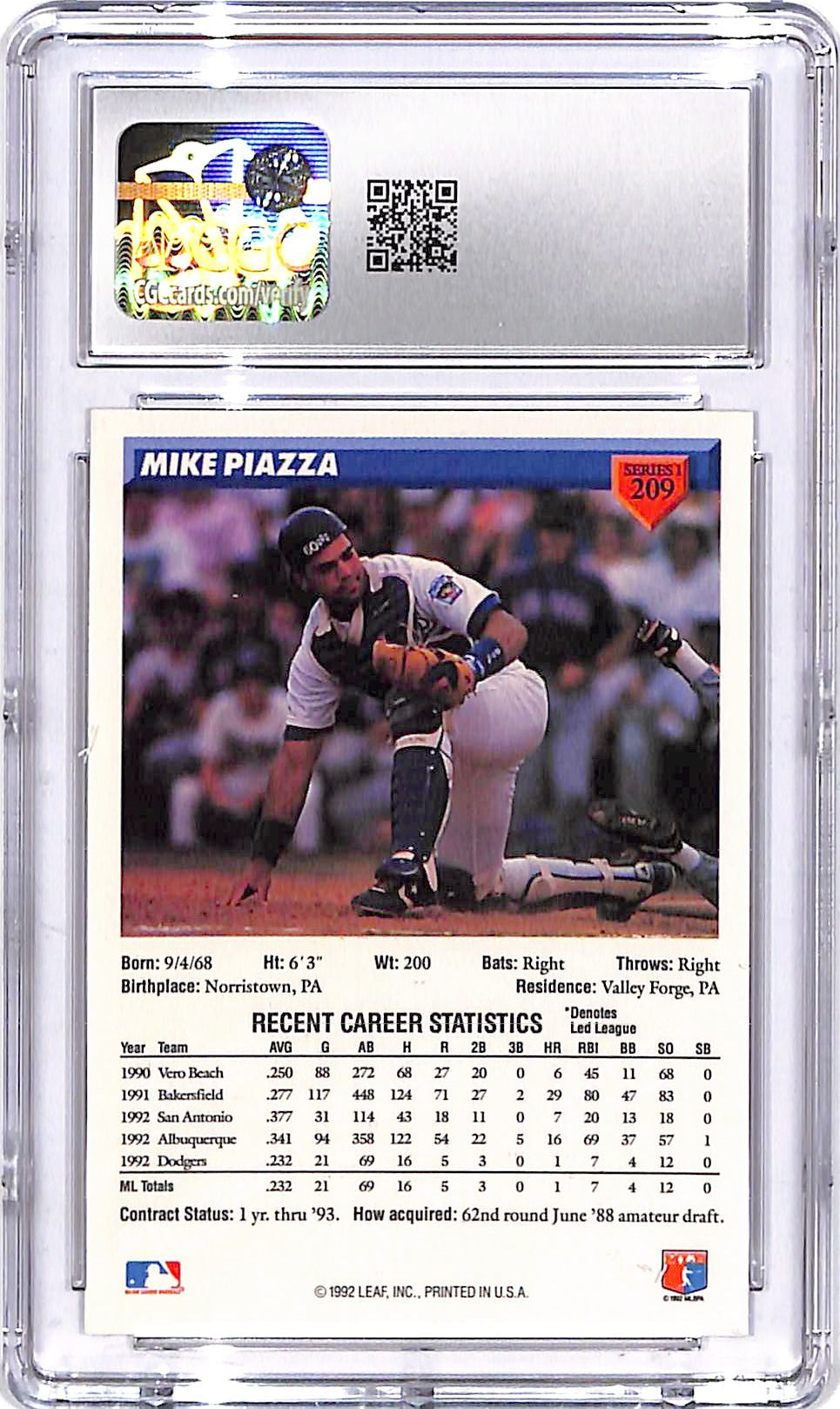 1993 Donruss Mike Piazza Rated Rookie RC #209 CGC 9.5 Dodgers