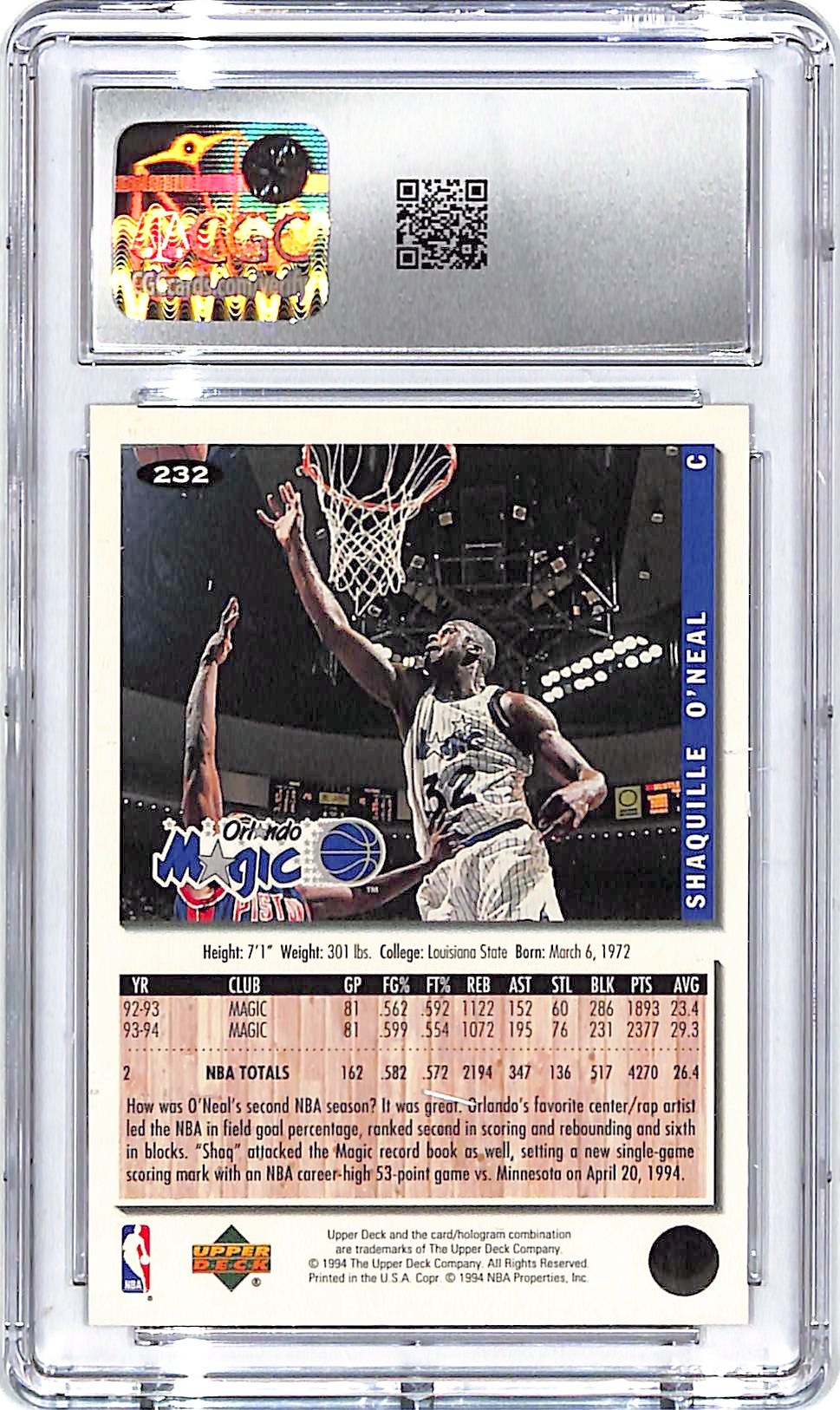 1994-95 Collectors Choice Shaquille O'Neal Silver Signature #232 CGC 9.5 Magic