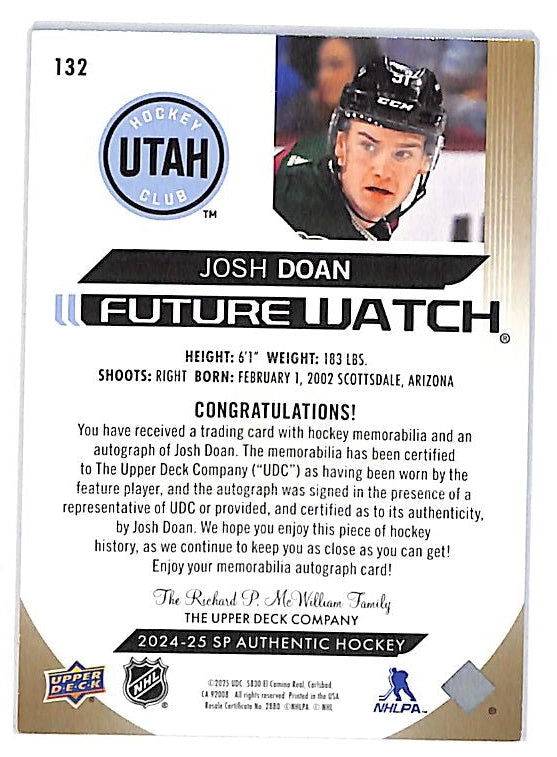 2024-25 SP Authentic Josh Doan Auto Autograph Rookie RC Future Watch Patch /100