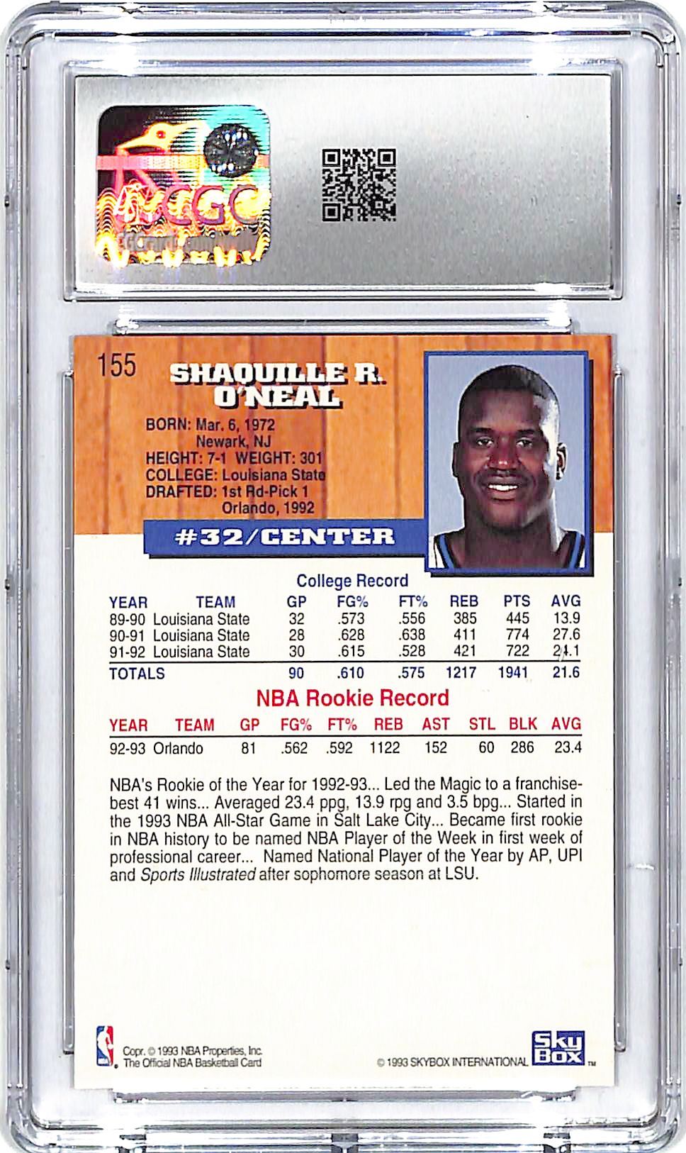 1993-94 Hoops Shaquille O'Neal 5th Anniversary CGC 9.5 Magic