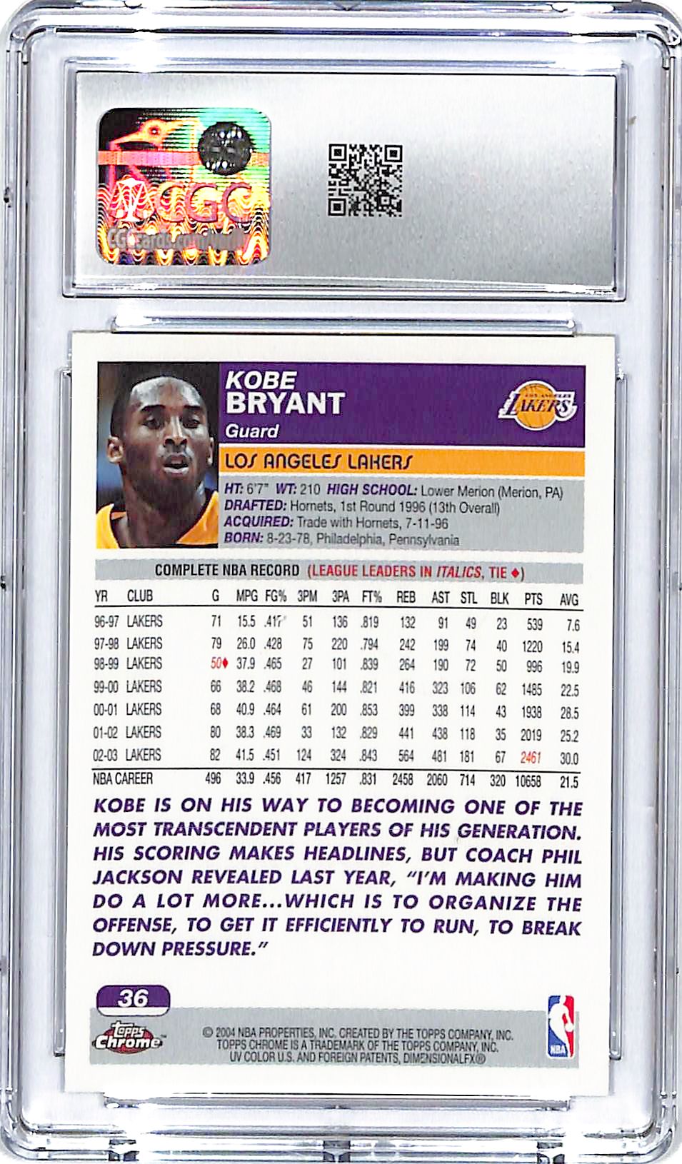2003-04 Topps Chrome Kobe Bryant #36 CGC 9.5 Lakers