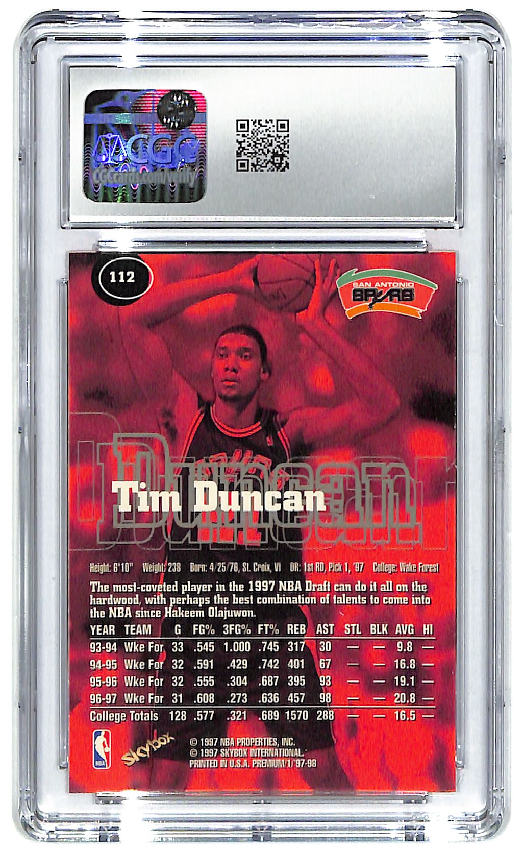 1997-98 Tim Duncan Skybox Premium #112 CGC Mint 9