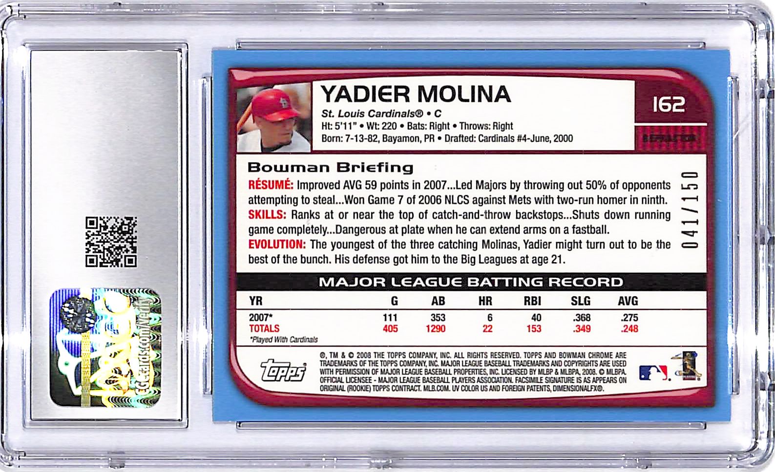 2008 Bowman Chrome Yadier Molina Blue Refractor /150 CGC 9 Cardinals