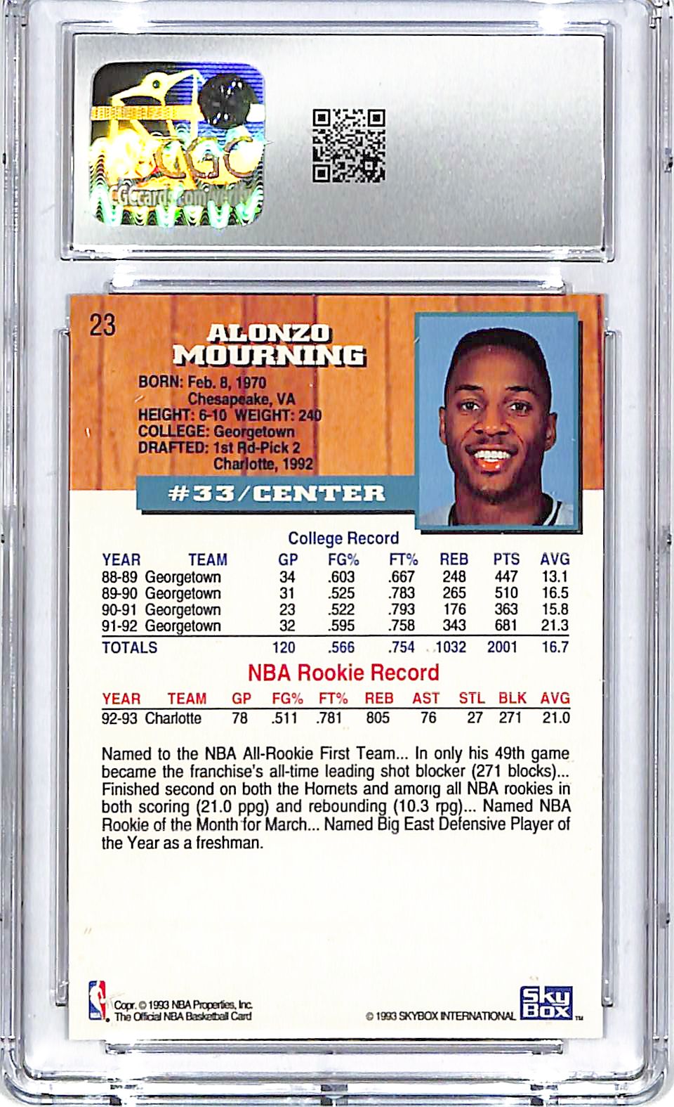 1993-94 Hoops Alonzo Mourning 5th Anniversary CGC 9.5 Hornets