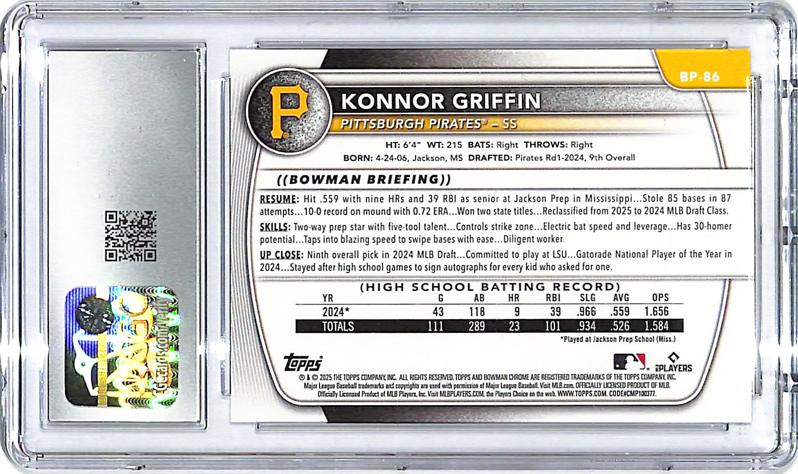 2025 Bowman Konnor Griffin Prospects BP-86 CGC 9.5 Rookie RC