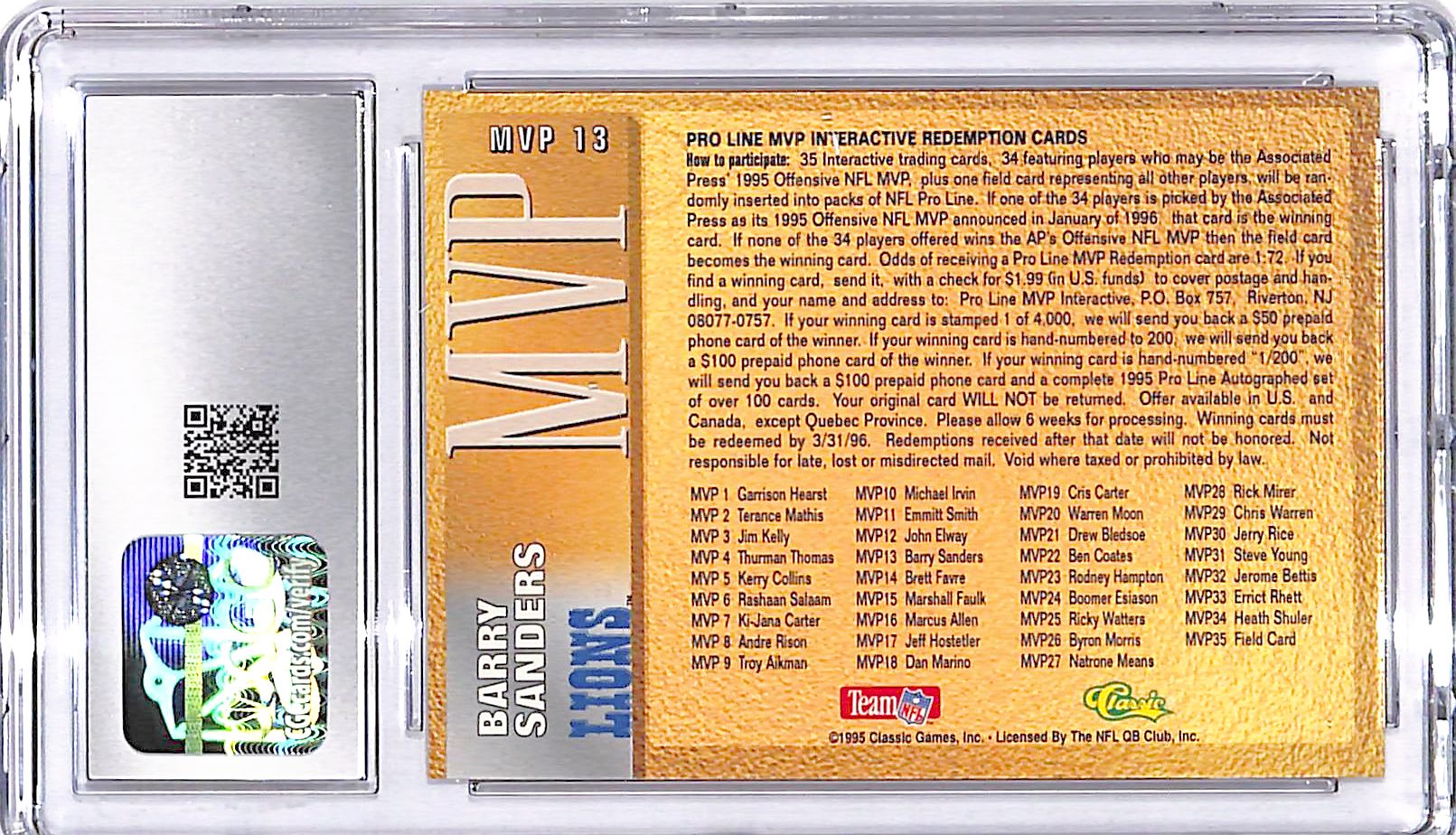 1995 Classic Pro Line Barry Sanders MVP Redemption CGC 9.5 Lions