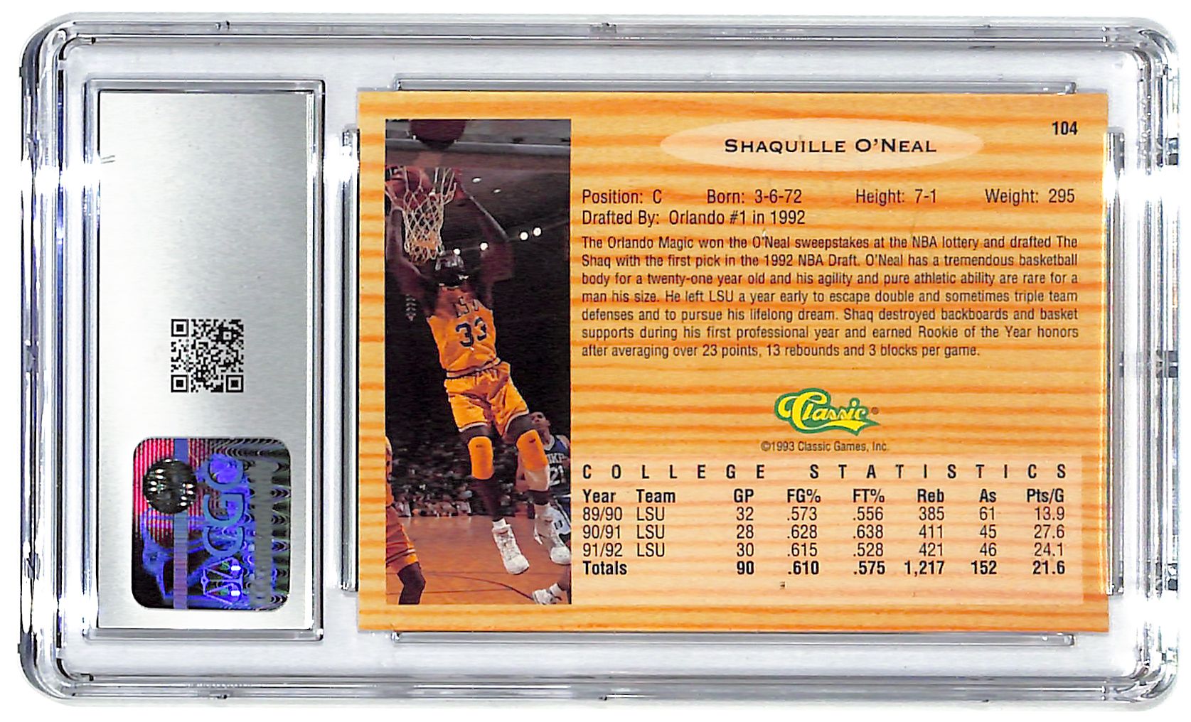 1993 Shaquille O'Neal Classic Draft Picks Gold #104 CGC Mint 9