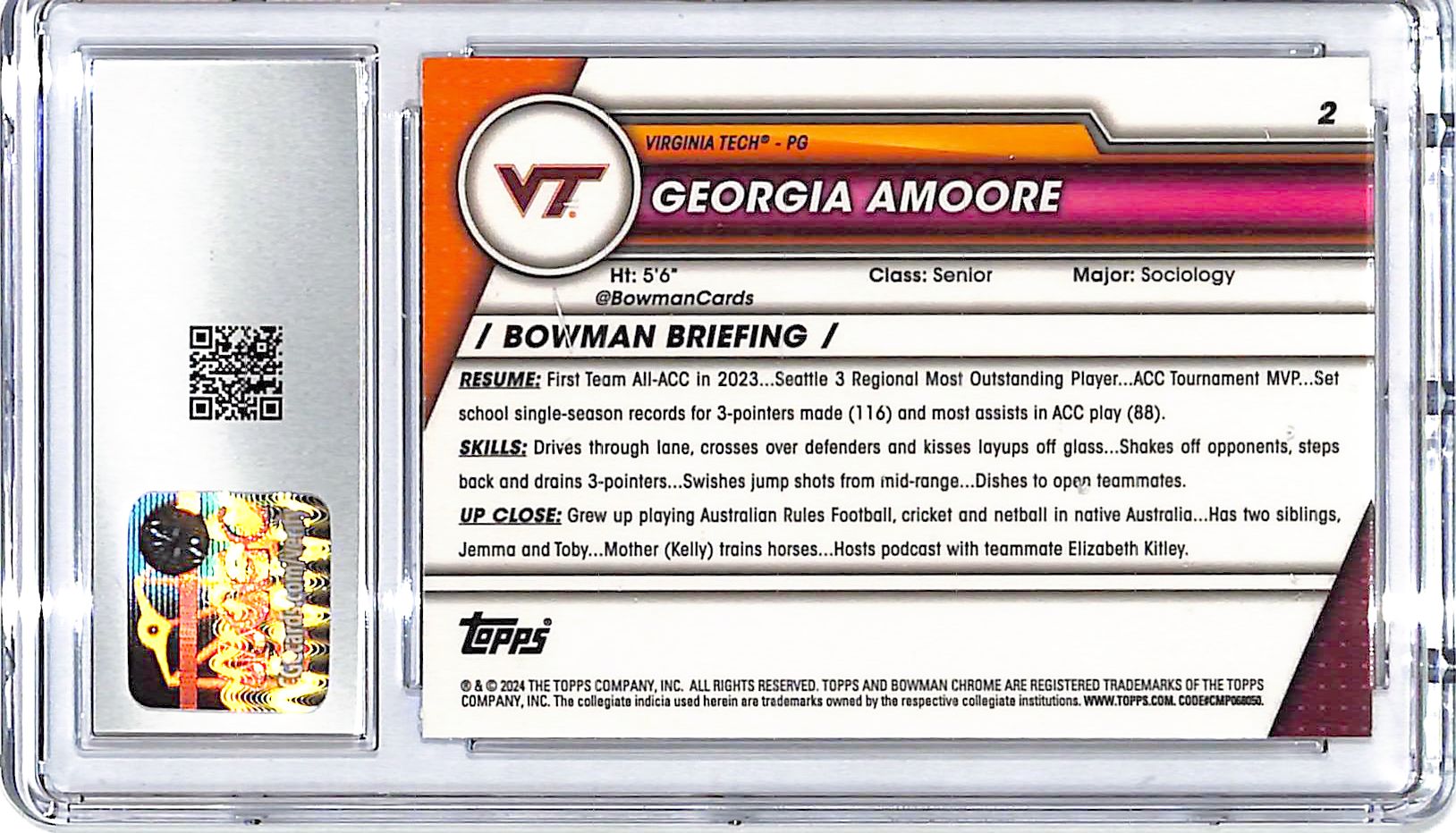 2023-24 Bowman Chrome University Sapphire Georgia Amoore Rookie RC #2 CGC 9.5 Virginia Tech