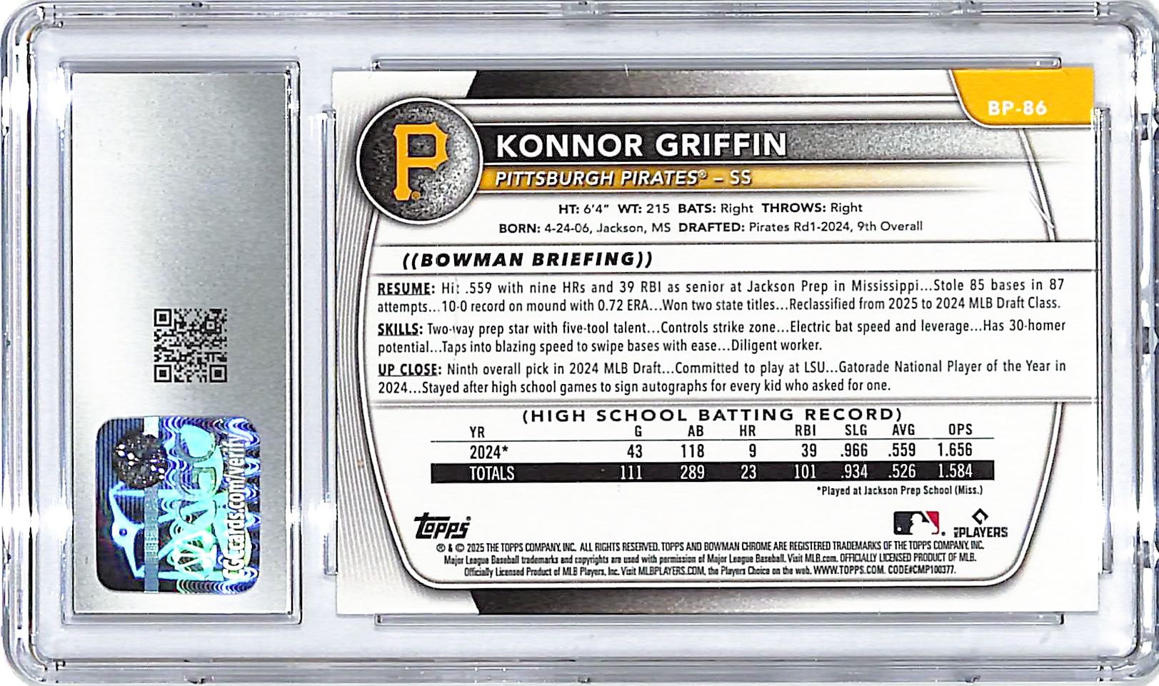 2025 Bowman Konnor Griffin Prospects Rookie BP-86 CGC 9.5 Pirates