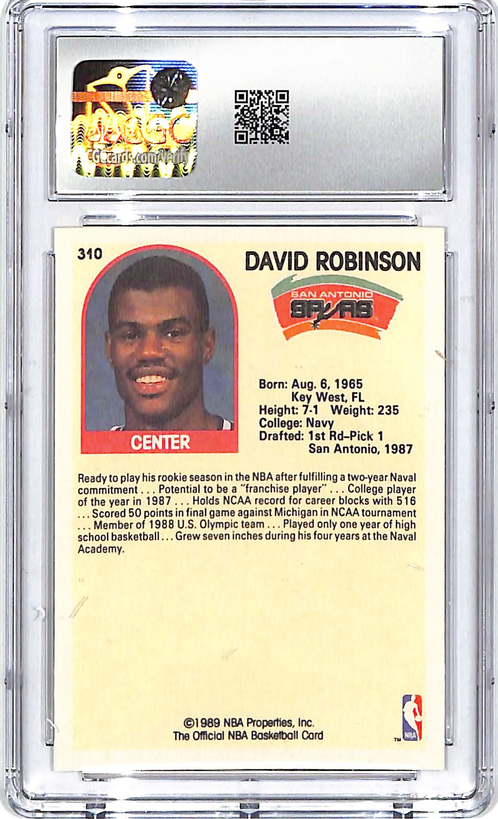 1989-90 Hoops David Robinson Rookie RC #310 CGC 9.5 Spurs
