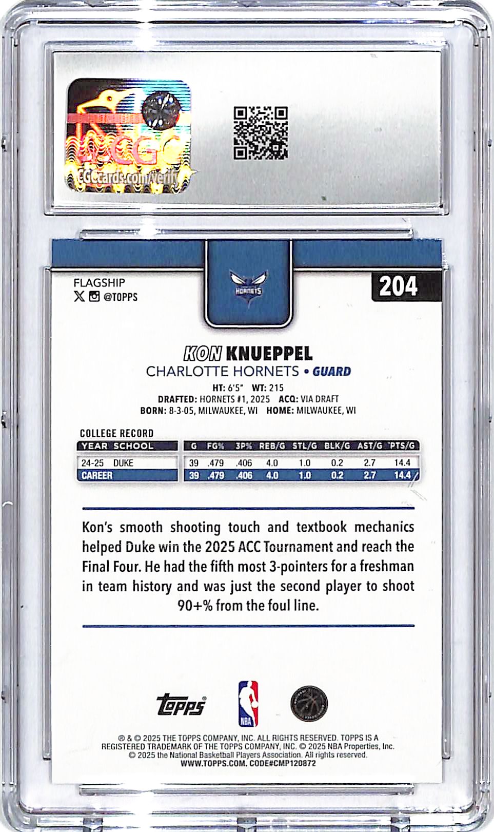 2025-26 Topps Kon Knueppel Rookie RC #204 CGC 9.5 Hornets