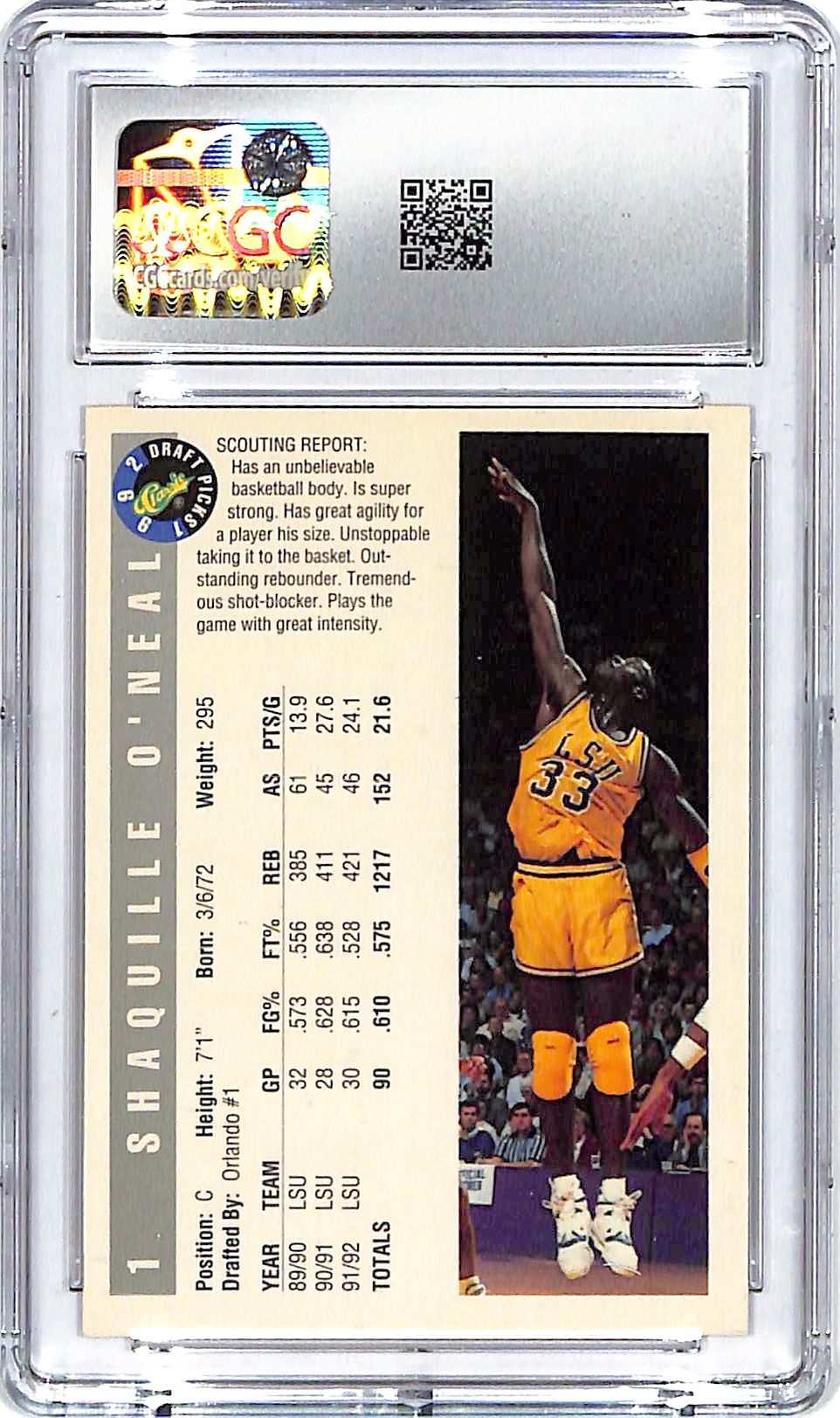1992 Classic Draft Picks Shaquille O'Neal Rookie RC #1 CGC 9.5