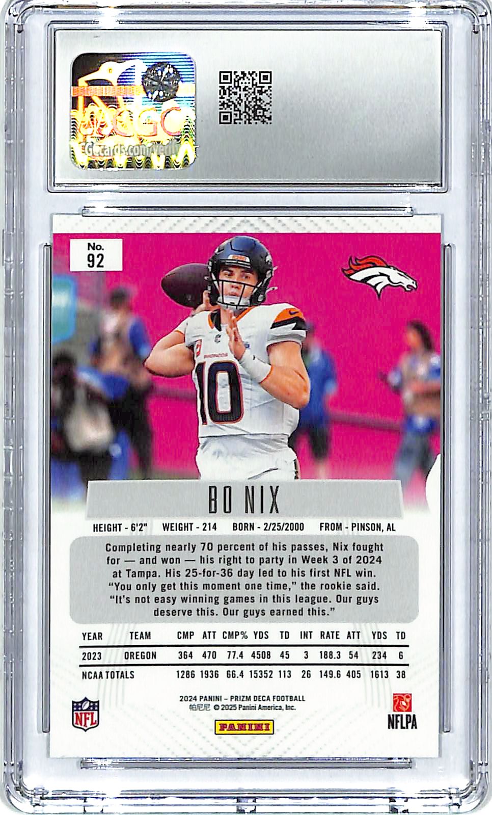 2024 Prizm Deca Bo Nix Rookie RC #92 CGC 10 Broncos