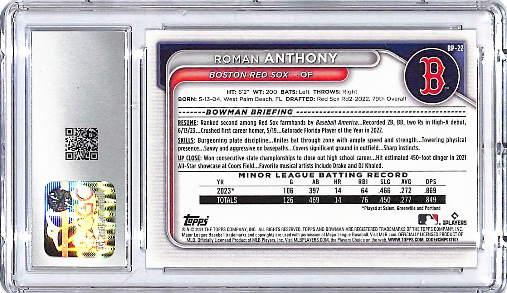 2024 Bowman Roman Anthony Prospects Rookie RC CGC 10 Red Sox