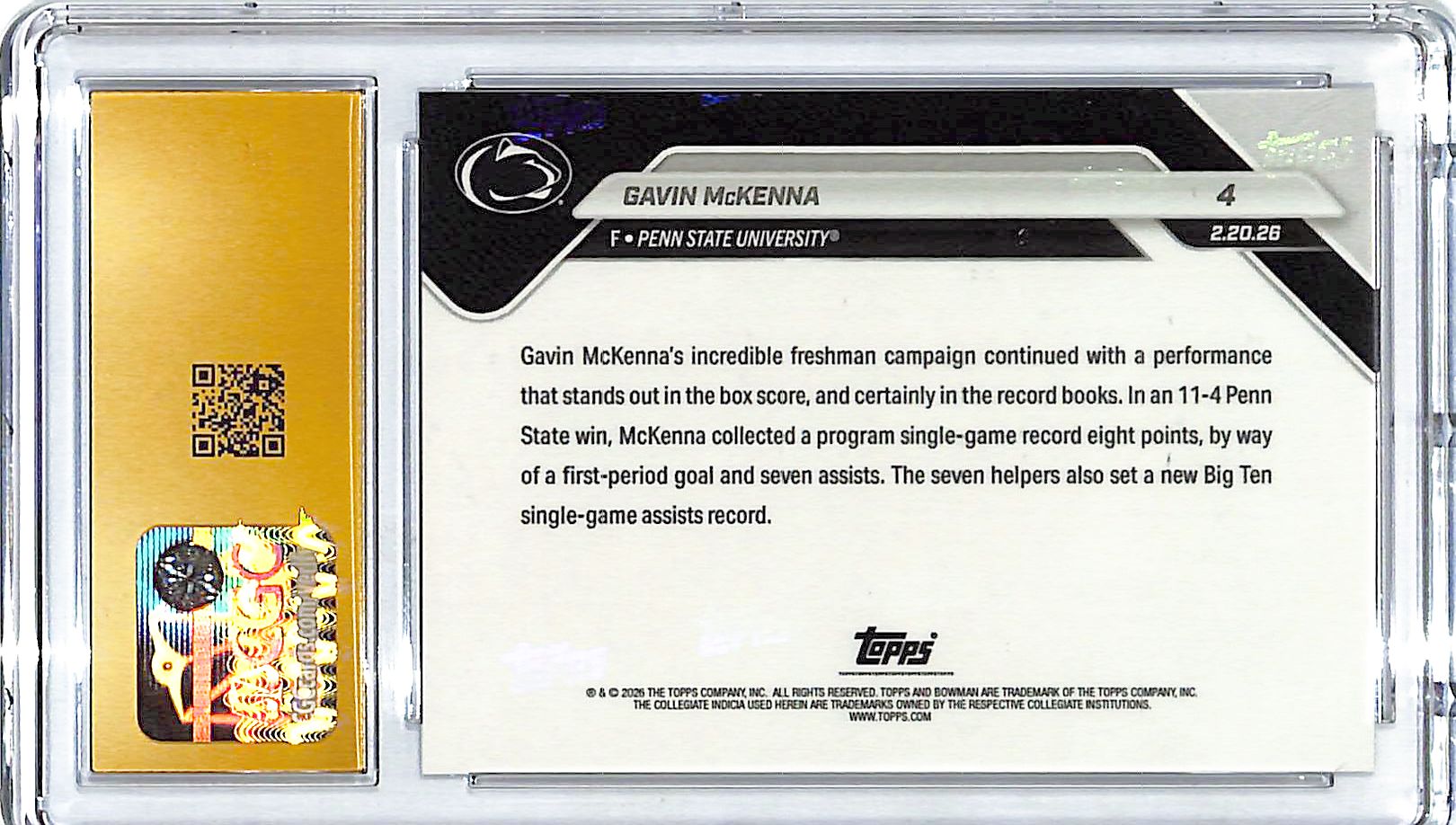 2025-26 Bowman University U Now Gavin McKenna Rookie RC CGC 10 Pristine #4 Penn State