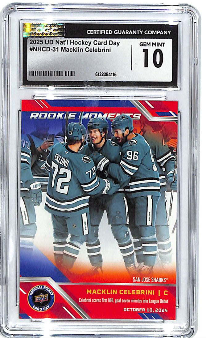 2025 UD National Hockey Card Day Macklin Celebrini Rookie Moments CGC 10 Sharks