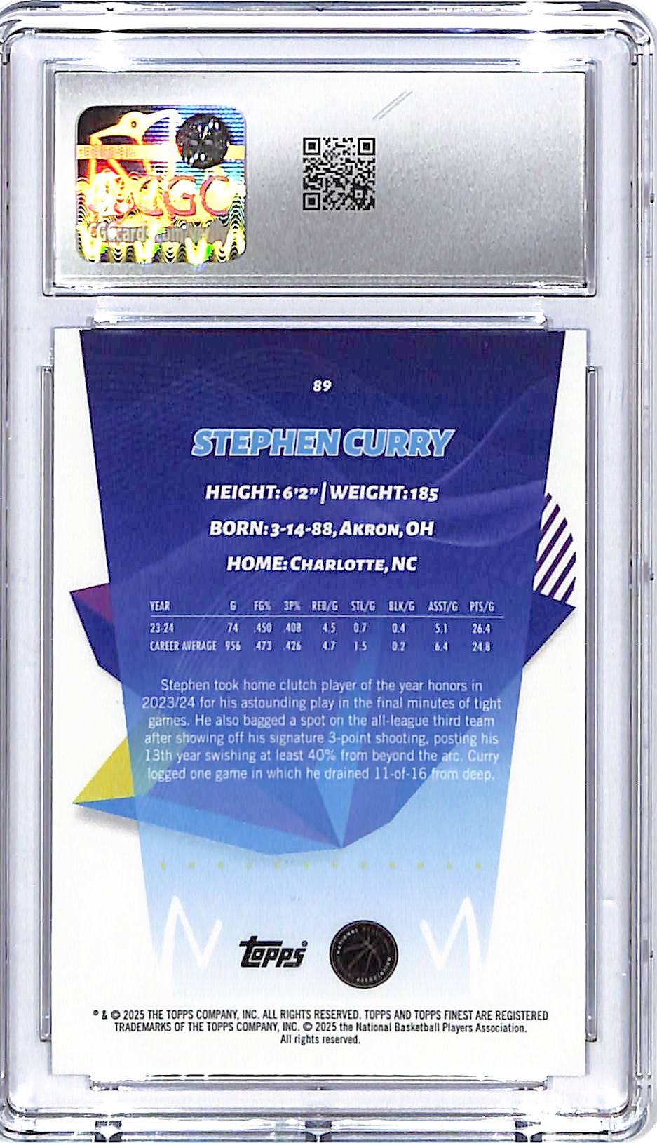 2024-25 Topps Finest Stephen Curry Purple X-Fractor /150 CGC 9.5 Warriors
