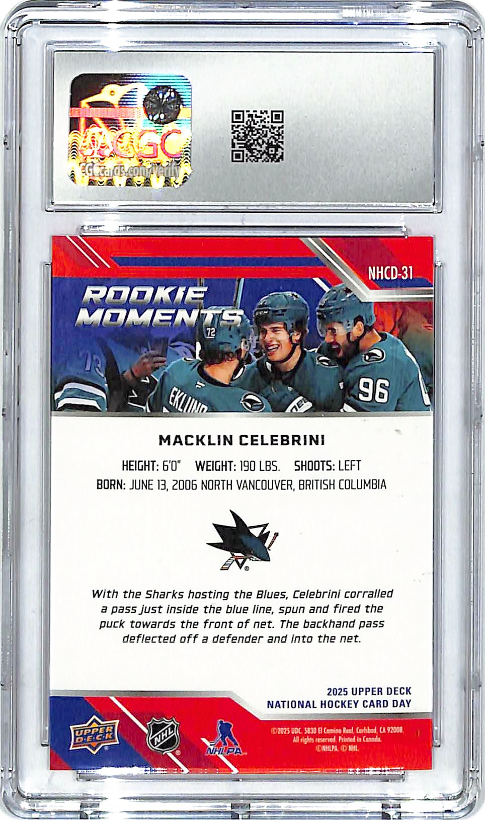 2025 UD National Hockey Card Day Macklin Celebrini Rookie Moments CGC 10 Sharks