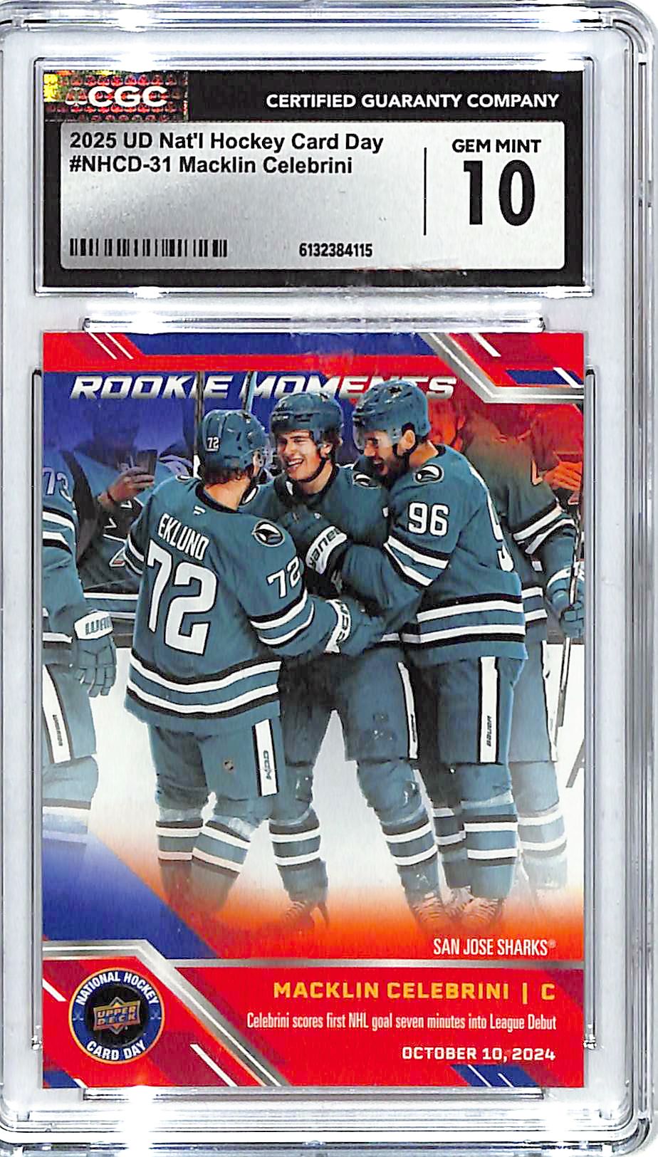 2025 UD National Hockey Card Day Macklin Celebrini Rookie Moments CGC 10 Sharks