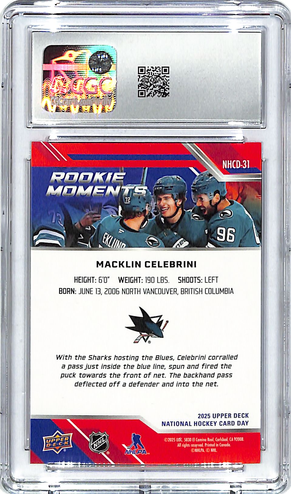 2025 UD National Hockey Card Day Macklin Celebrini Rookie Moments CGC 10 Sharks