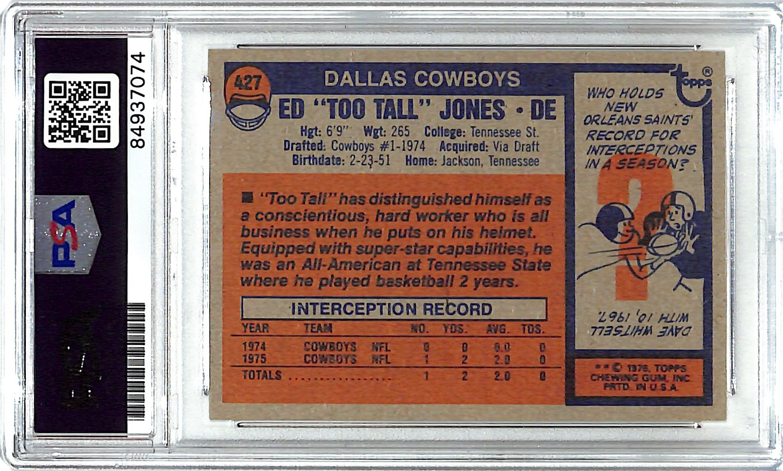 1976 Topps Ed Too Tall Jones Auto Autograph PSA DNA Authentic 9 Mint Cowboys