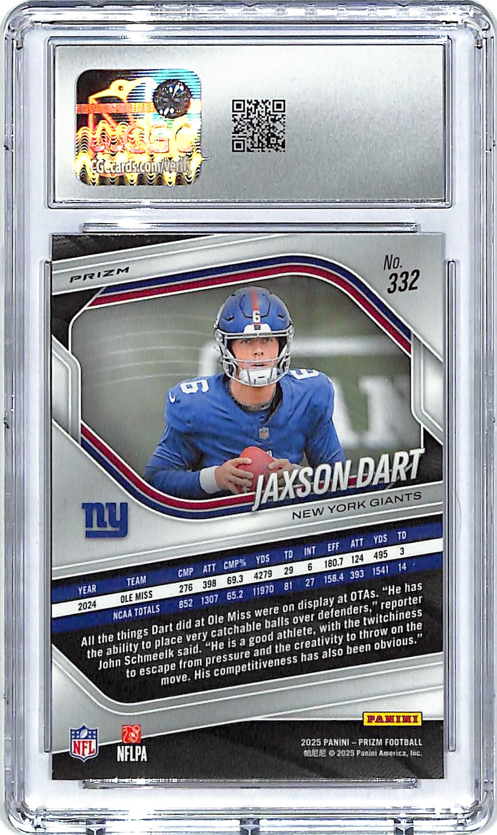 2025 Prizm Jaxson Dart Rookie RC Purple Pulsar #332 CGC 9 Giants