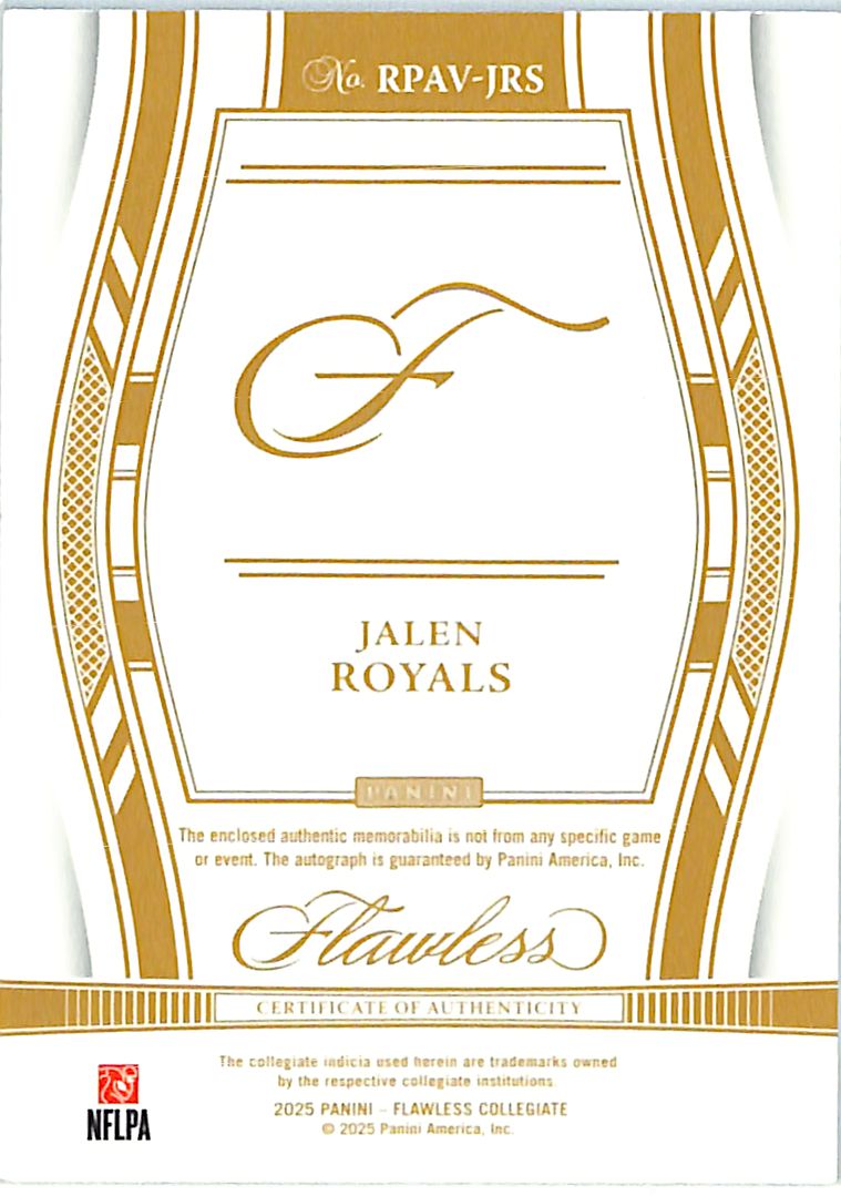 2025 Flawless Collegiate Jalen Royals Auto Autograph Rookie RC Patch /20 RPA Jersey