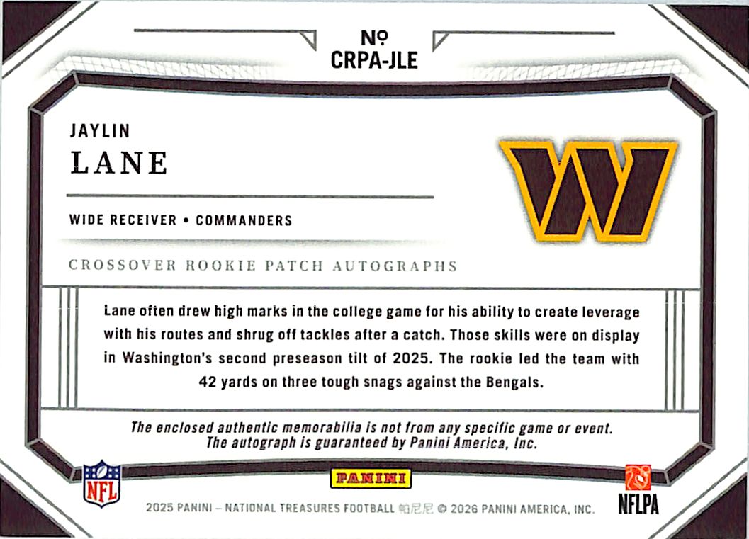 2025 National Treasures Jaylin Lane Auto Autograph Rookie RC Patch Jersey /99 RPA