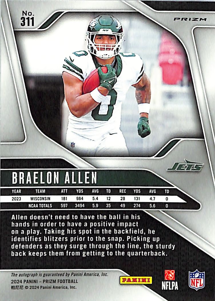 2024 Prizm Braelon Allen Auto Autograph Rookie RC Purple Pulsar Jets