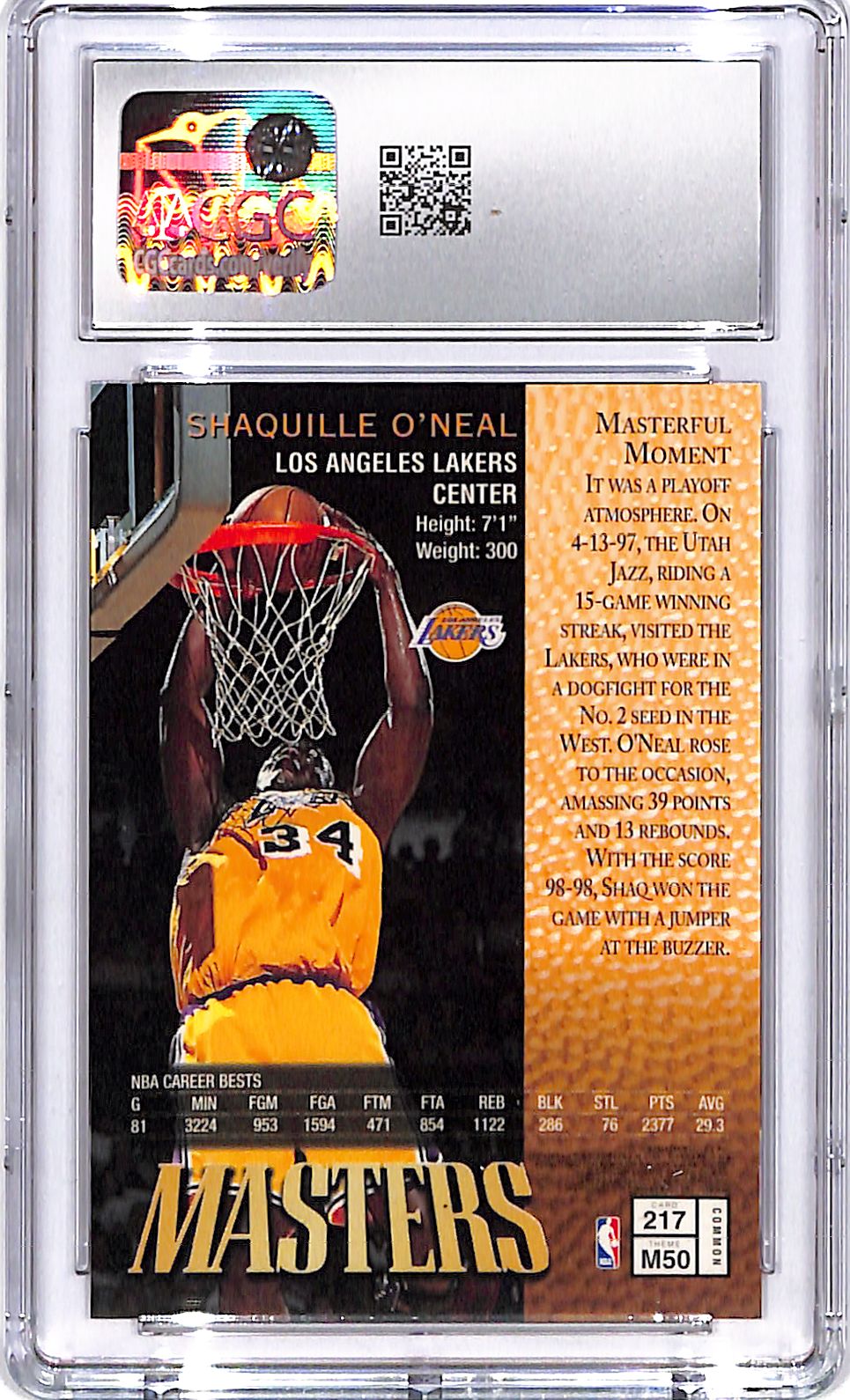 1997-98 Topps Finest Shaquille O'Neal w/ Coating Masters #217 CGC 9.5 Lakers