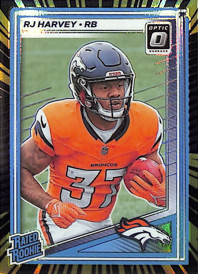 2025 Donruss Optic RJ Harvey Rated Rookie RC Electricity /75 Broncos