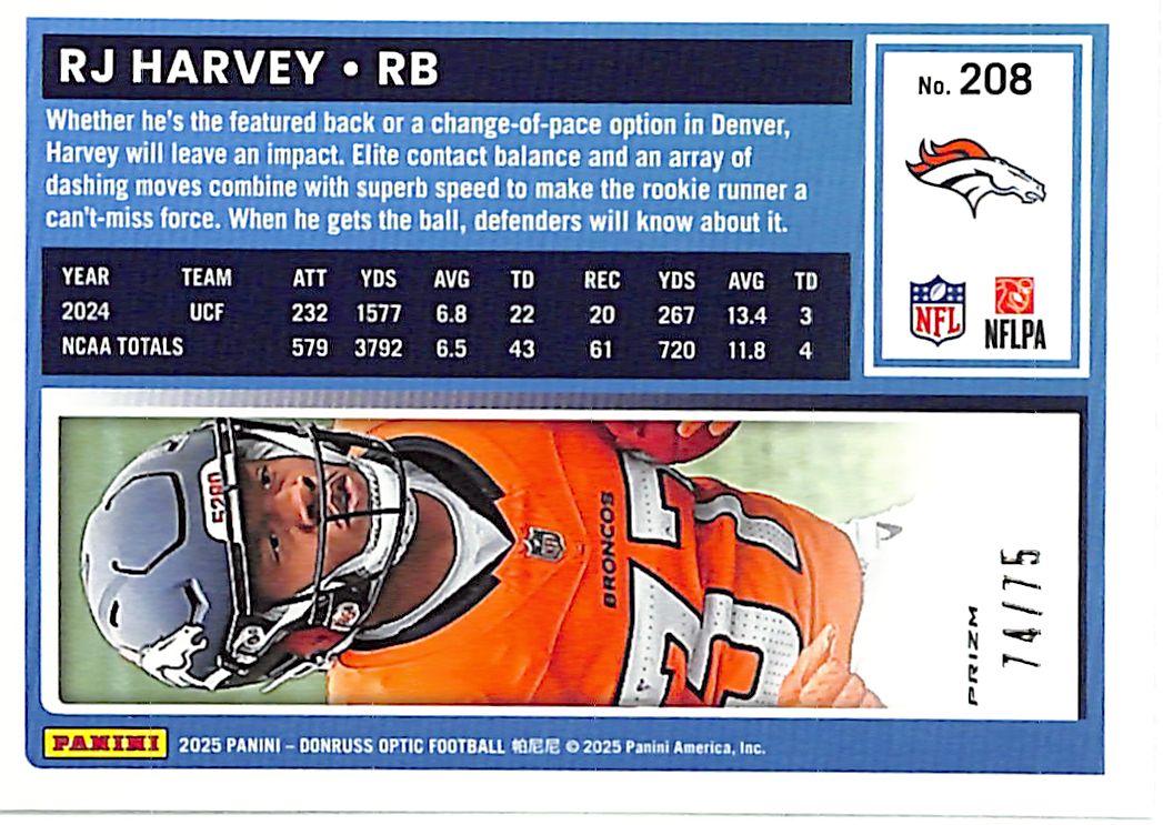 2025 Donruss Optic RJ Harvey Rated Rookie RC Electricity /75 Broncos