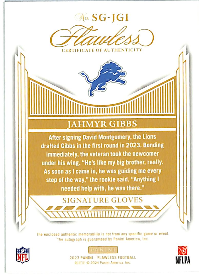 2023 Panini Flawless Jahmyr Gibbs Auto Autograph Rookie RC Patch Jersey RPA /20 Lions