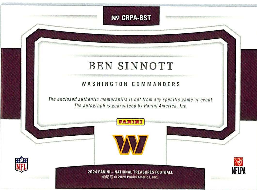 2024 National Treasures Ben Sinnott Auto Autograph Rookie RC Patch Jersey RPA /99 Commanders