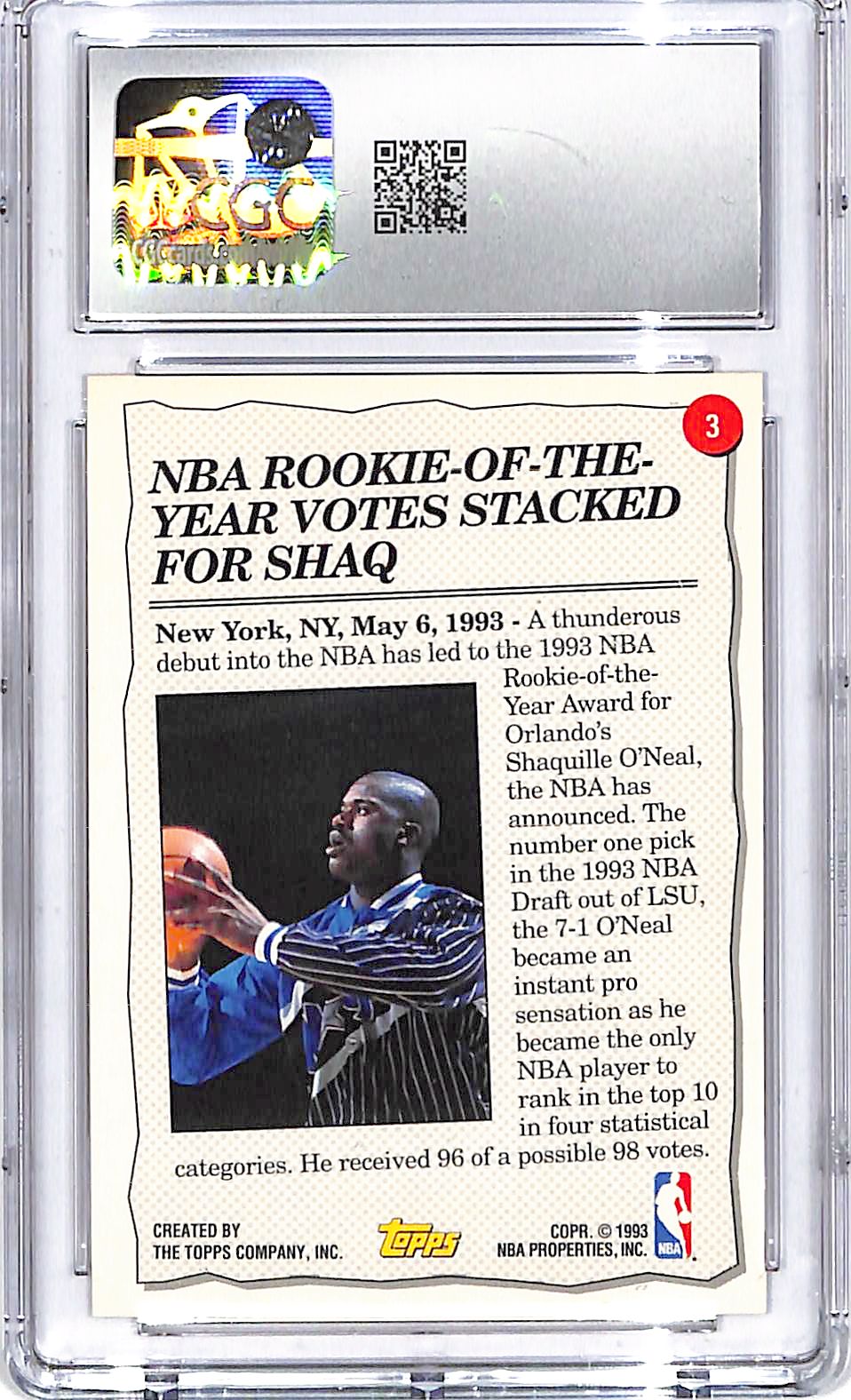 1993-94 Topps Shaquille O'Neal Gold #3 CGC 9.5 Magic