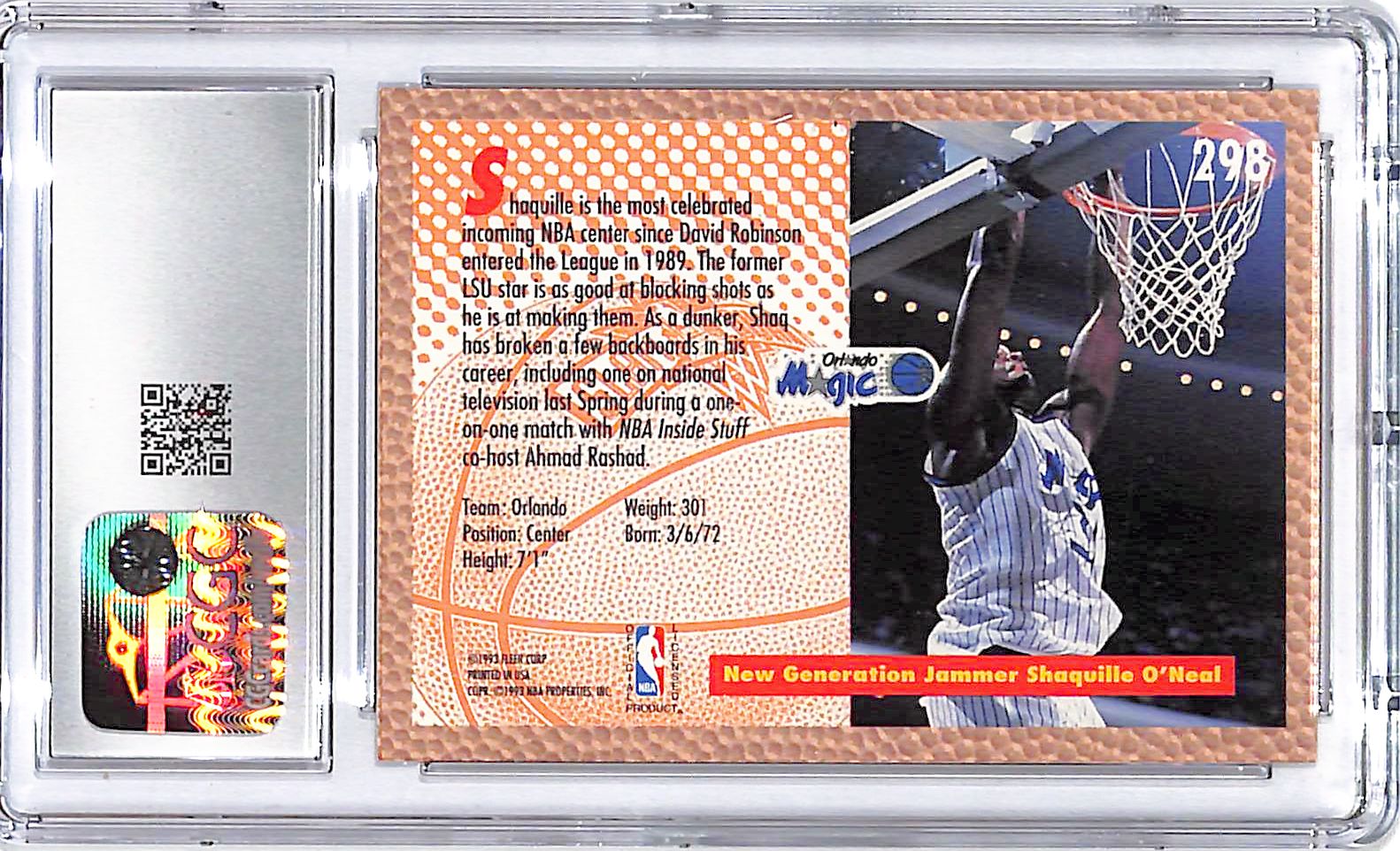 1992-93 Fleer Shaquille O'Neal Rookie RC #298 CGC 9.5 Magic